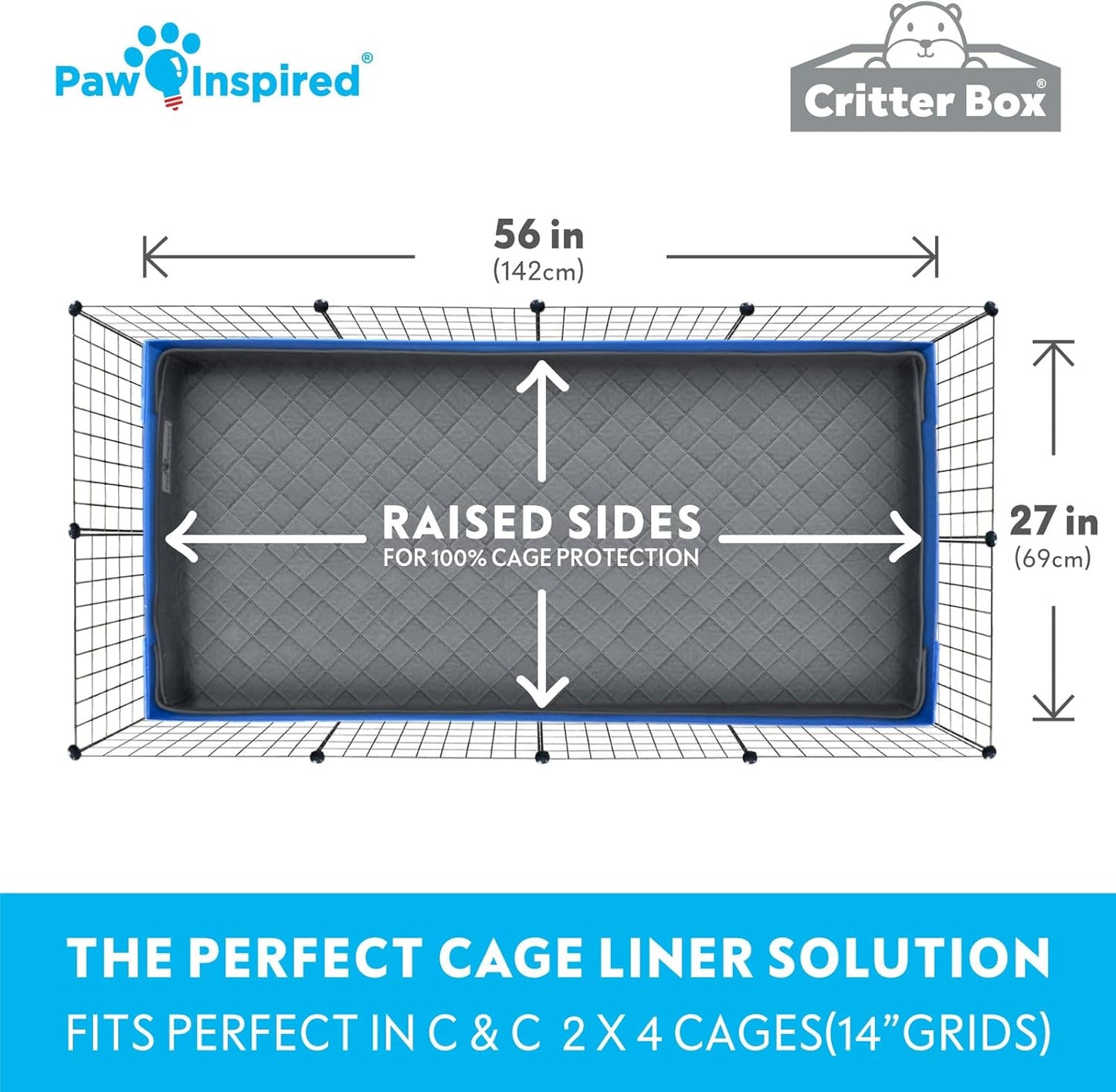 Paw Inspired Critter Box Washable Cage Liner, Reversible Fleece Bedding with Raised Sides for Guinea Pigs and Other Small Animals (C&C 2x4 (14" Grids), Gray/Green)