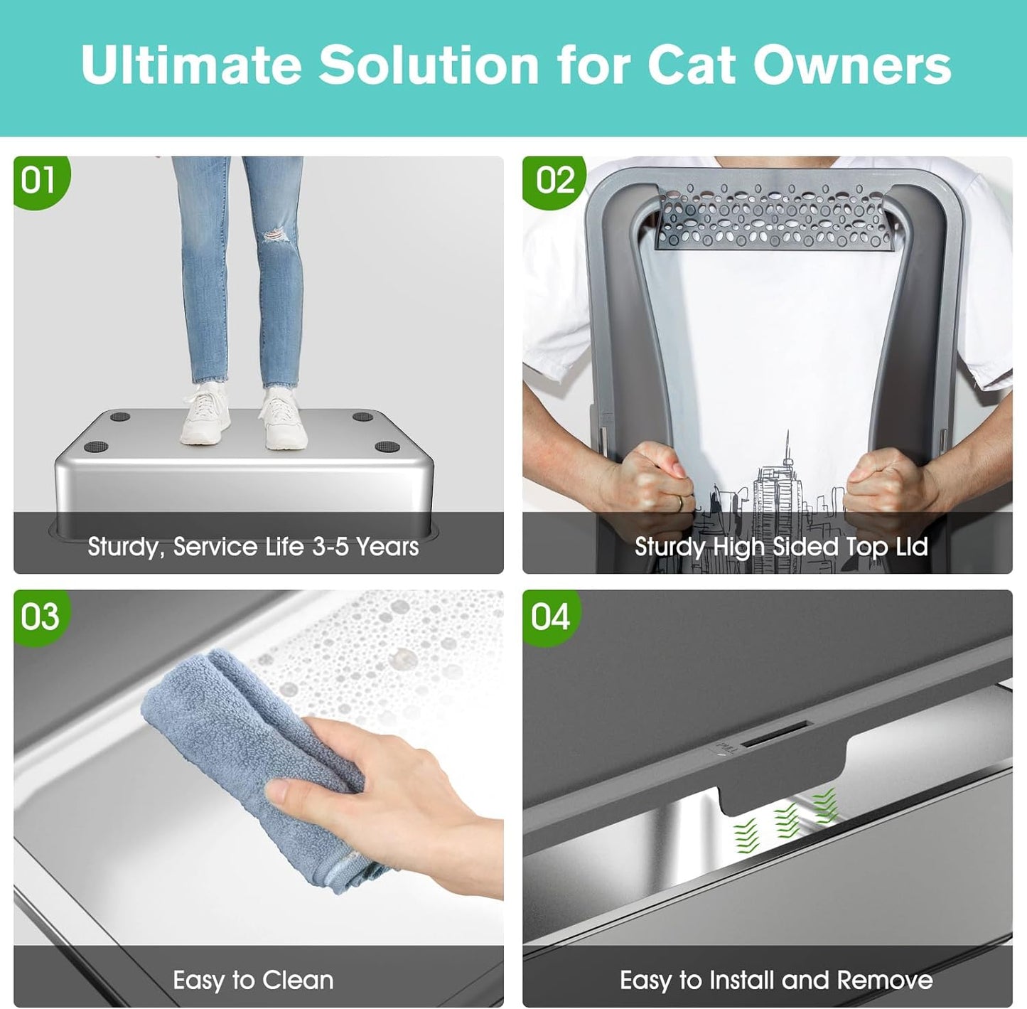 2PACK Stainless Steel Cat Litter Box with High Sides Lid, Extra Large XL Litter Box for Big Cats, Metal Kitty Litter Boxes with Anti-Leakage Enclosure,Non-Stick,Odorless,Scoop Included