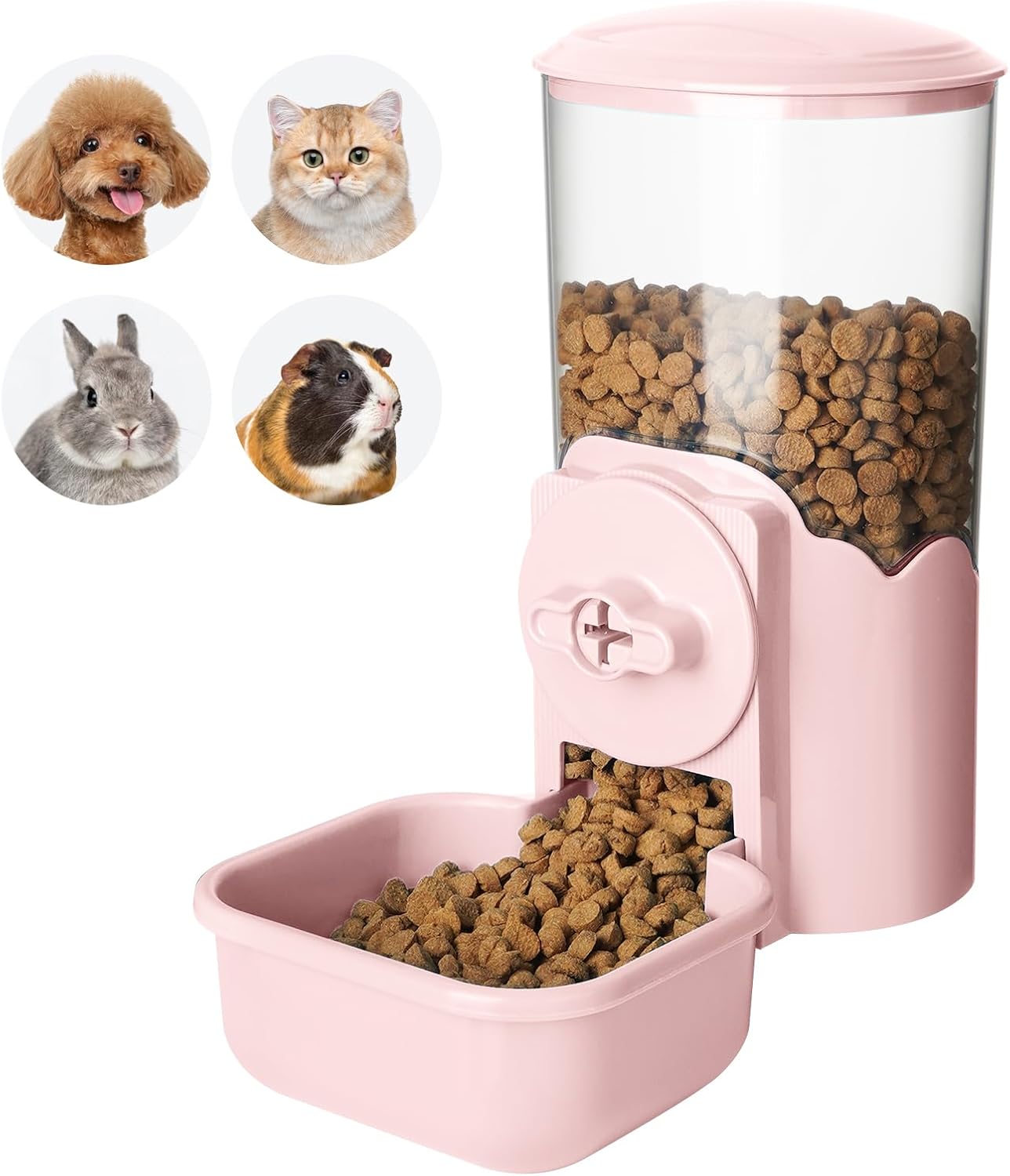 VANNON Small Animal Hanging Automatic Food Dispenser, 35oz Gravity Pet Feeder for Cage, Food Bowl for Rabbit Puppy Cat Ferret Guinea Pig Chinchilla Parrot (Pink)