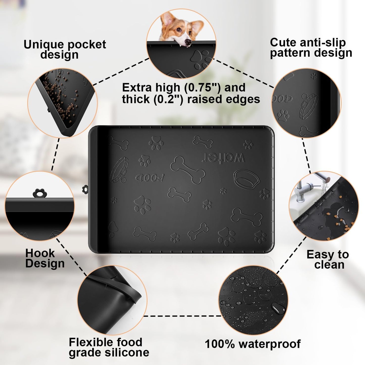 Dog Food Mat - Silicone Dog Mat for Food and Water - 28" x 20" Pet Feeding Mats with Residue Collection Pocket - Waterproof Dog Cat Bowl Mat with High Edges to Prevent Water Food Spills (Black)
