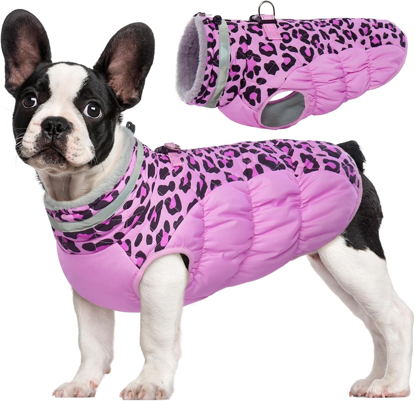 FUAMEY Dog Coat for Small Dogs,Waterproof Dog Winter Jacket with Harness Built in Puppy Cold Weather Coats Reflective Pet Vest with Zipper Warm Fleece Dogs Snowsuit Windproof Pink Leopard S