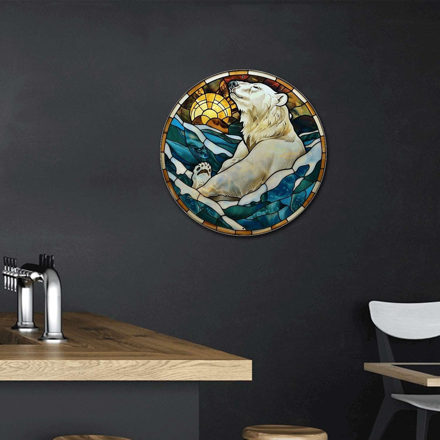 Lygond Metal Sign Tin Sign Circular Stained Glass Polar Bear Boho Decorations For Home For Gift 8×8 Inches