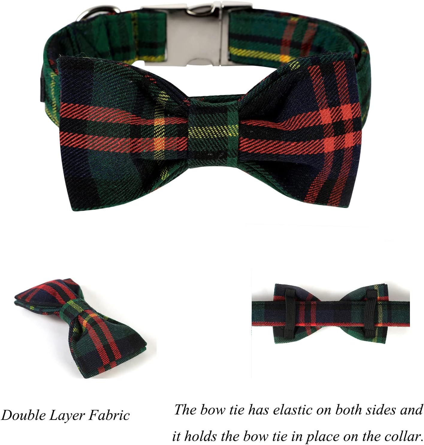 Lionet Paws Christmas Dog Collar with Bowtie Durable Adjustable Handmade Comfortable Bowtie Dog Collar Green with Metal Buckle for Small Dogs,Girl Boy,Party,Festival,Holiday Style,Neck 10-16in