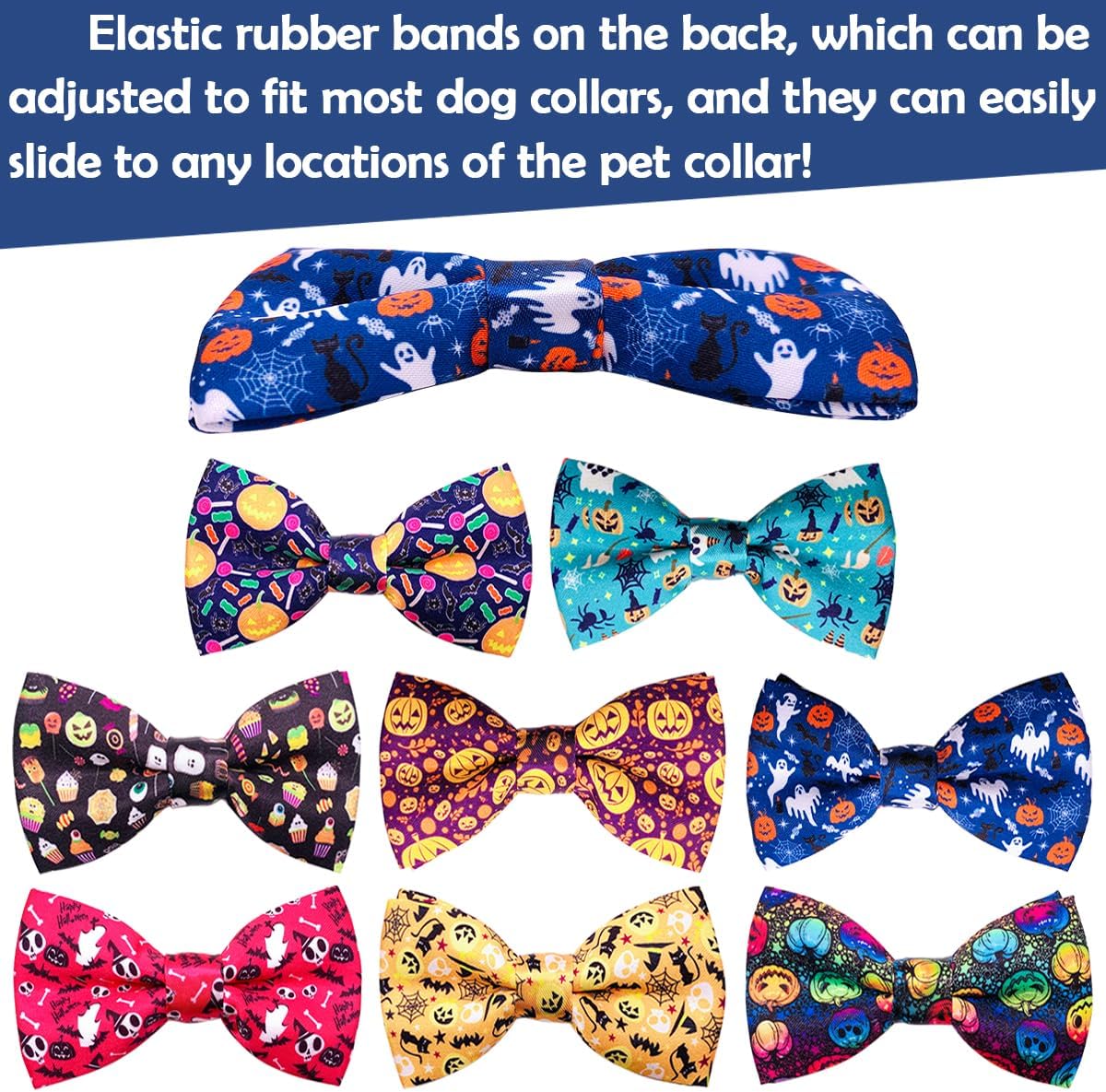 PET SHOW 10pcs Halloween Small Dog Bow Ties for Medium Dogs Puppies Rabbit Cat Detachable Bowties with Elastic Bands Attach to Collar Pet Grooming Collar Attachment Accessories