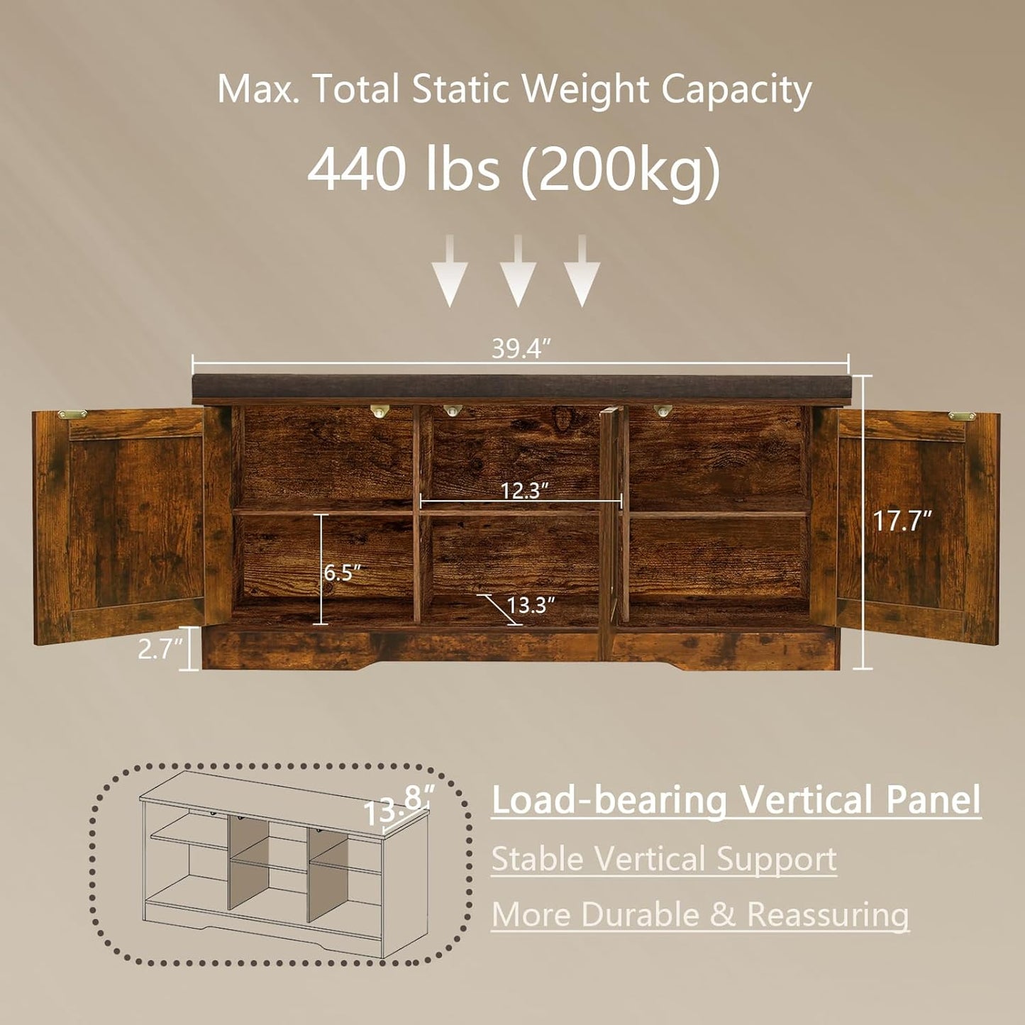 DINZI LVJ Shoe Bench, Entryway Storage Bench with Doors, Cushion, 2-Tier Shoe Rack with 6-Cubby, 39.4”L x 13.8”W Shoe Organizer Cabinet, Adjustable Shelf, Living Room, Bedroom, Rustic Brown