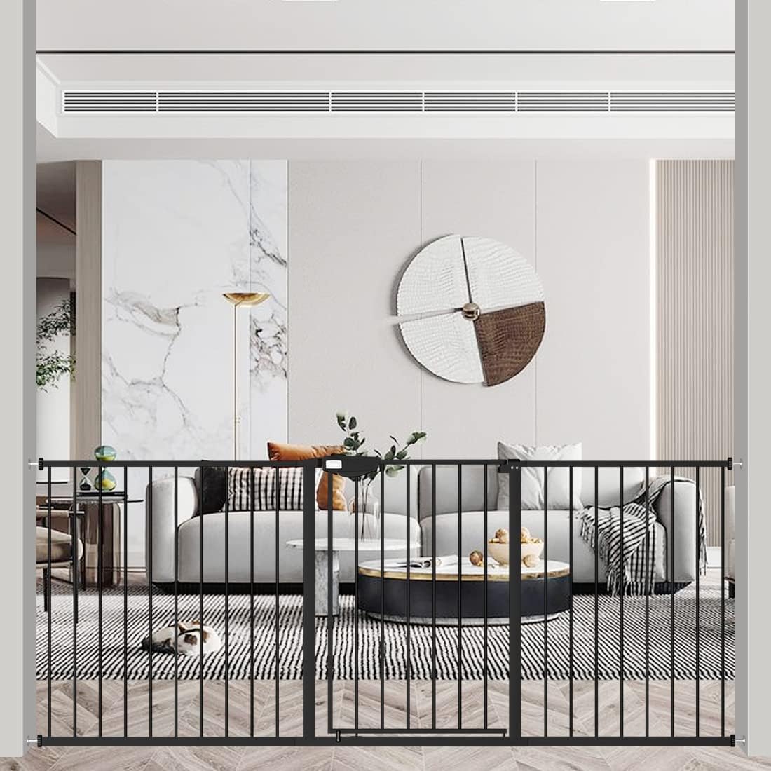 WAOWAO Triple Lock Baby Gate Extra Wide 72.04-76.77" Pressure Mounted Walk Through Swing Auto Close Safety Black Metal Dog Pet Puppy Cat for Stairs,Doorways,Kitchen
