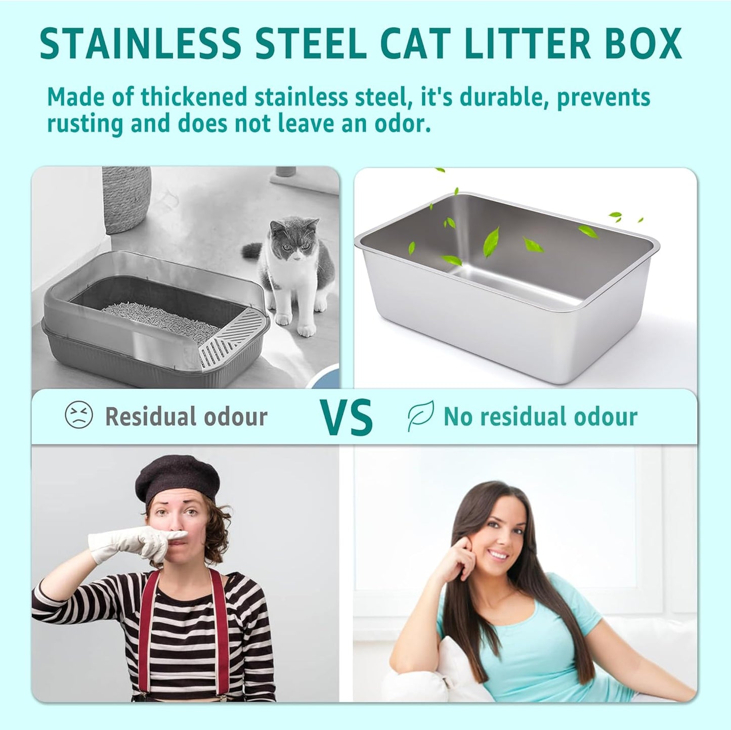 Stainless Steel Litter Box 2 Pack,Metal Litter Box for Cat Easy to Clean,Medium Cat LitterBox for Cats/Kitty/Rabbit,Metal Cat Toilet for Kitten,Non Stick, No Smell,17.7" L x 13.8" W x 6" H