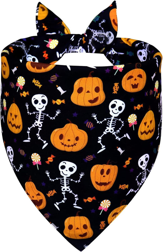 Halloween Dog Bandana for Small Dogs - Reversible Black Skull Pumpkin Print Scarf - Soft & Quick-Dry for Costume Parties