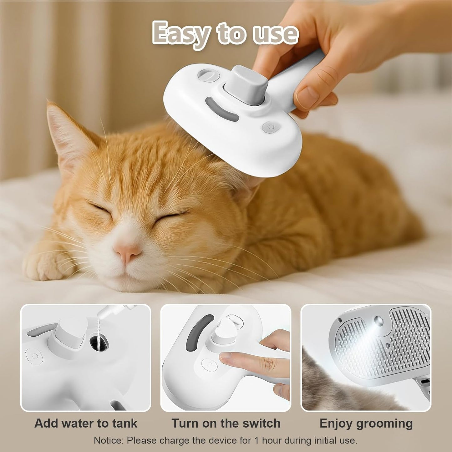 ‌3-in-1 Pet Steam Brush with Self-Cleaning & Cool Mist‌ – Portable Grooming Tool for Cats & Dogs, Long-Lasting Shedding Control & Detangling, Refillable Water Tank & Fast Charging