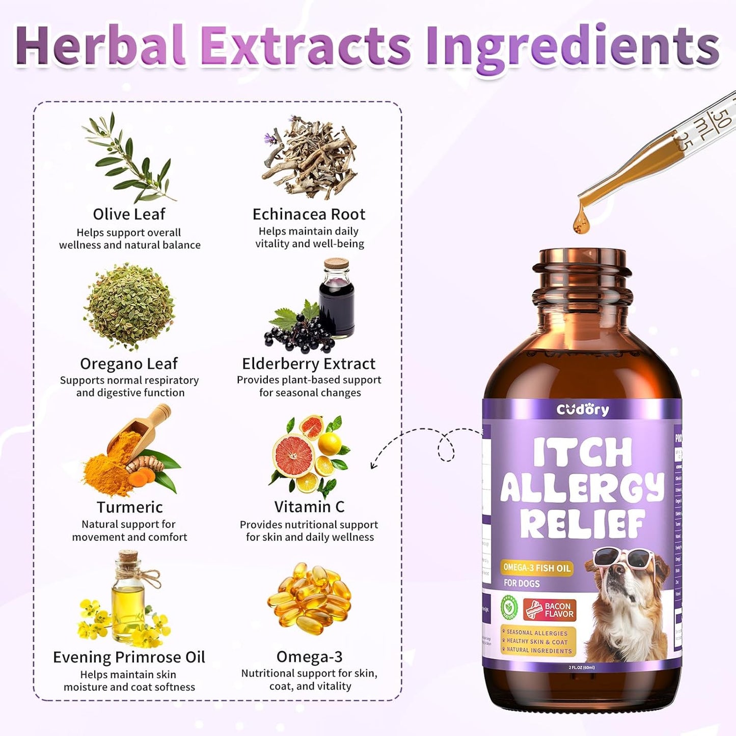 Dog Allergy Relief Drops, Skin & Coat Support with Fish Oil and Omega-3, Natural Immune Supplement for Dogs – Seasonal Allergy & Itchy Skin Care – Soothes Sensitive Skin, Itch Relief for Dog, 2 Fl oz