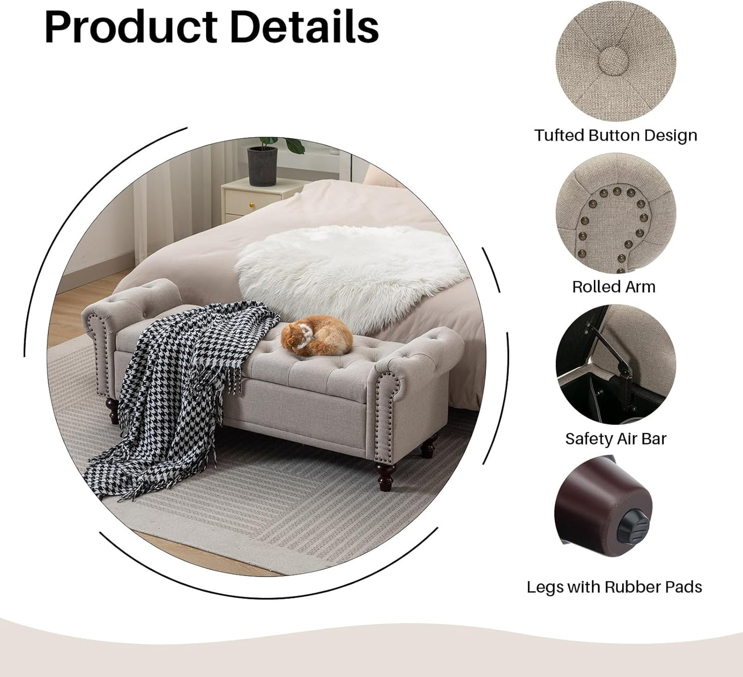 58.1'' Storage Bench Upholstered Linen End of Bedroom Bed Bench Ottoman with Tufted Cushioned Rolled Arm Large Storage Space for Reading Living Room Entryway, Light Brown