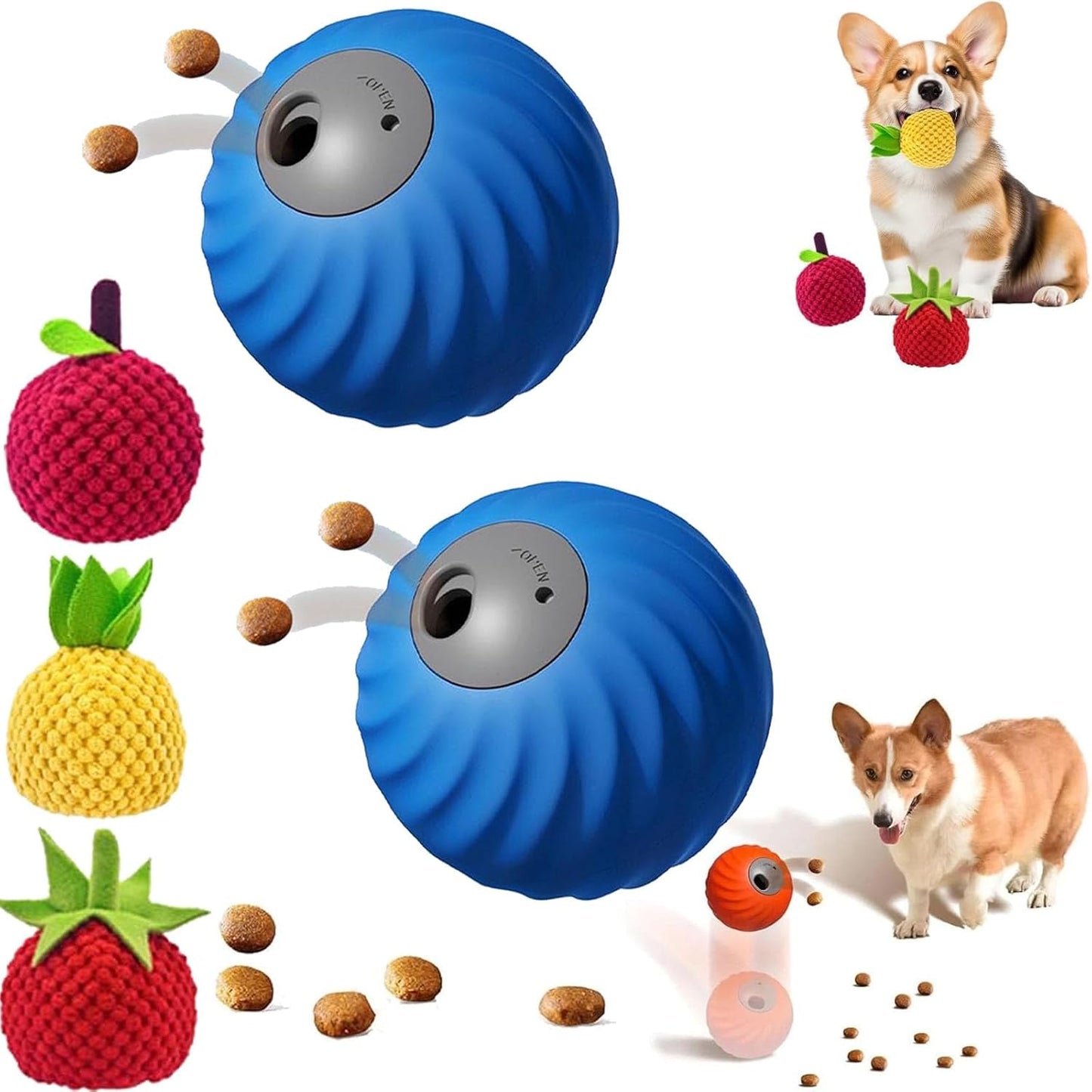 Zoomie Buddy 2.0, Zoomie Buddy for Dogs, 2 in 1 Smart Touch Interactive Dog Balls ＆ Pet Feeder, 2.83" Diameter, Suitable for Small/Medium Dogs, with Fruit Plush Cover (2*Blue, 3*Mix)