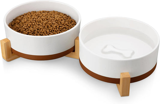 MALACASA Dog Bowls, Ceramic Dogs Bowls with Wood Stand Non-Slip, 6 Cups or 58 oz Capacity Dog Water Food Bowl Glaze Matte Weighted Non-Slip Pet Bowl for Large Dogs (L-6 Cups)