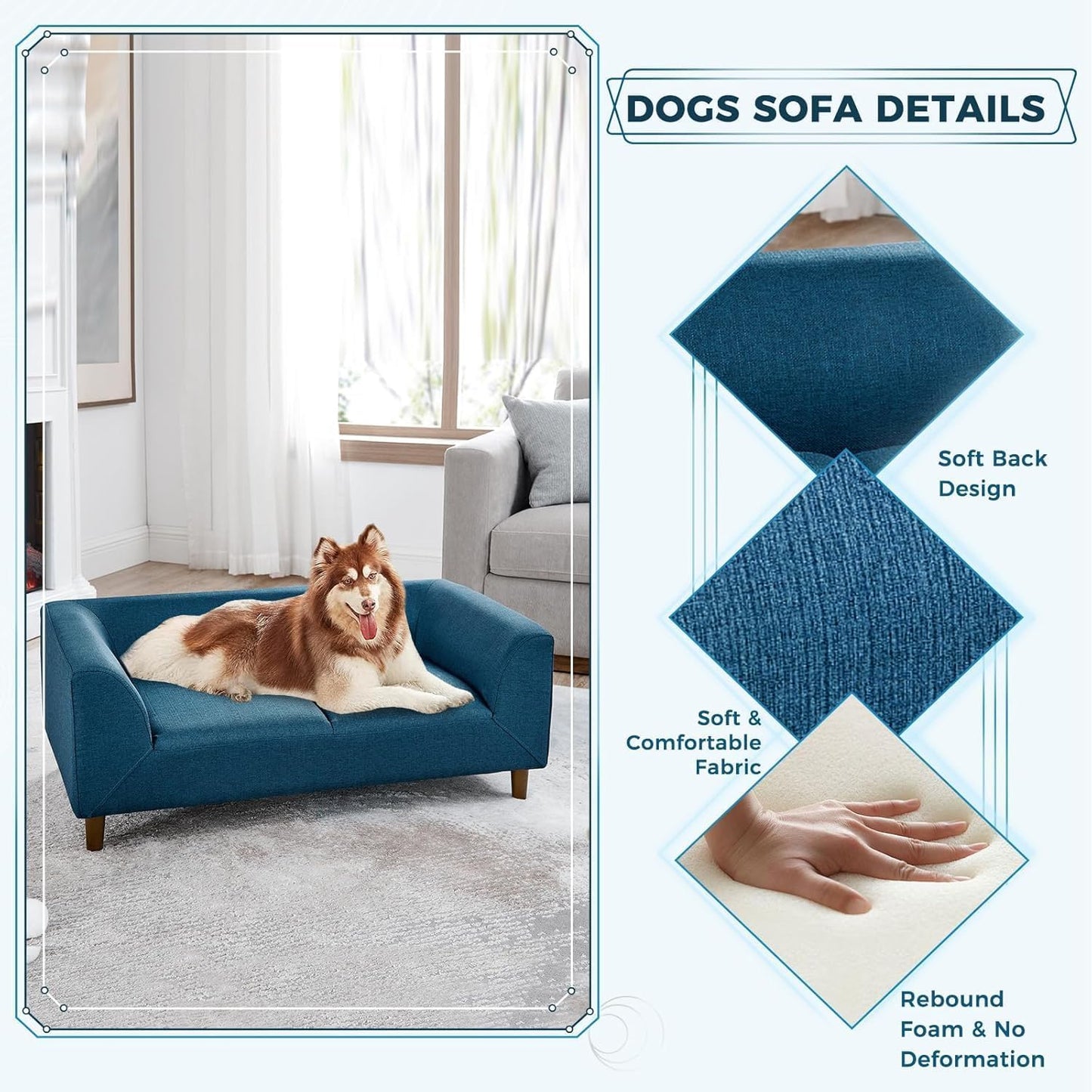 Dog Sofa Couch for Medium to Large Dogs, Memory Foam Dog Sofa Bed, Modern Elevated Pet Couch Bed with Wooden Legs, Light Grey