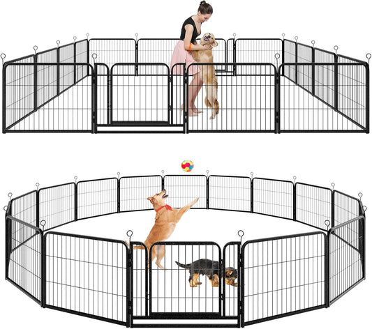 Dog Playpen Outdoor Extra Wide 16 Piece Panels Heavy Duty Dog Fence 24" Height Anti-Rust with Doors Portable for RV Camping Yard, Total 29FT, 68 Sq.ft, Snowy Black