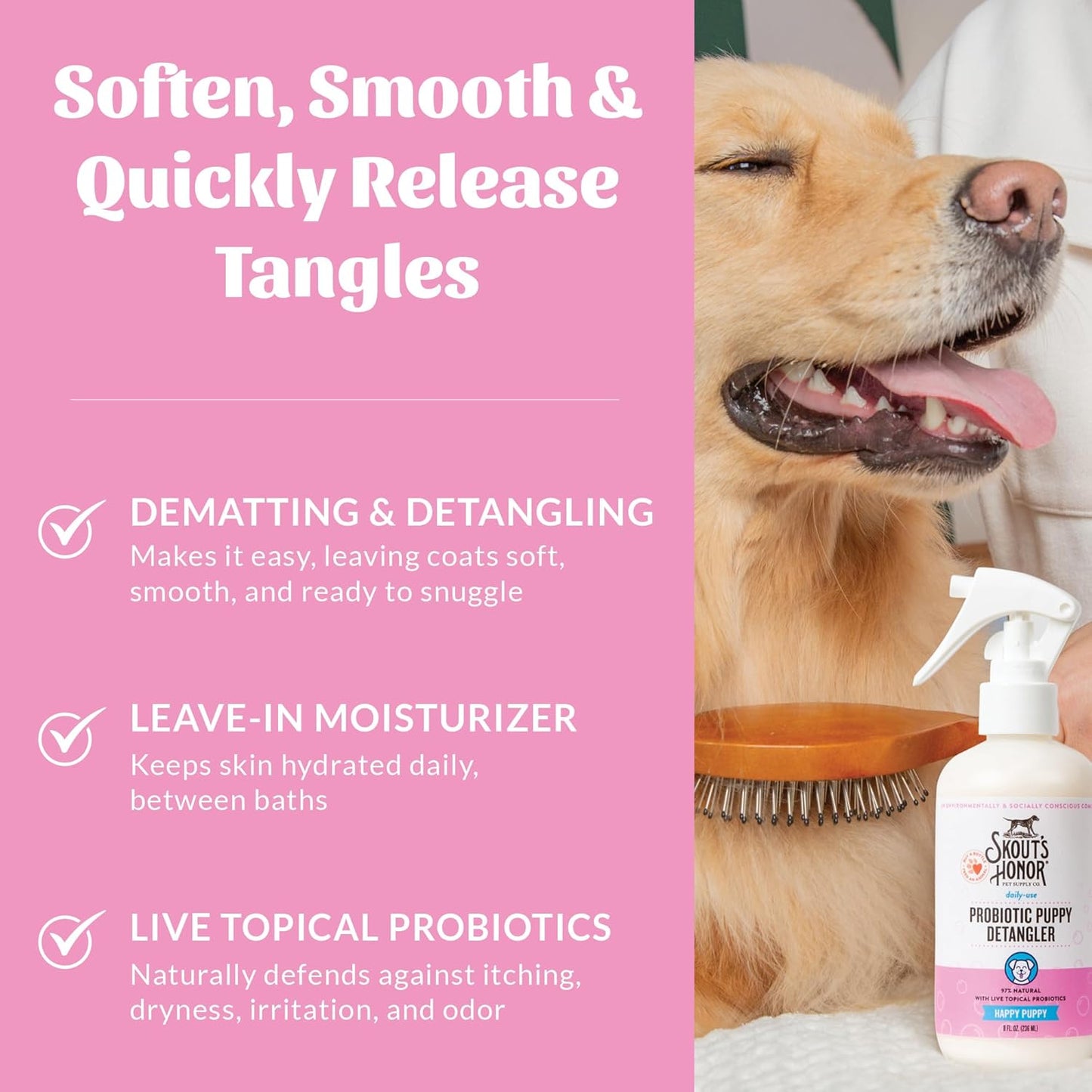 Skout's Honor Pet Detangler Spray - Hydrating & Conditioning with Avocado Oil & Probiotics, 97% Natural, Paraben & Sulfate-Free, softens for a More brushable Coat, Daily Use, 8oz, Happy Puppy, 2-Pack