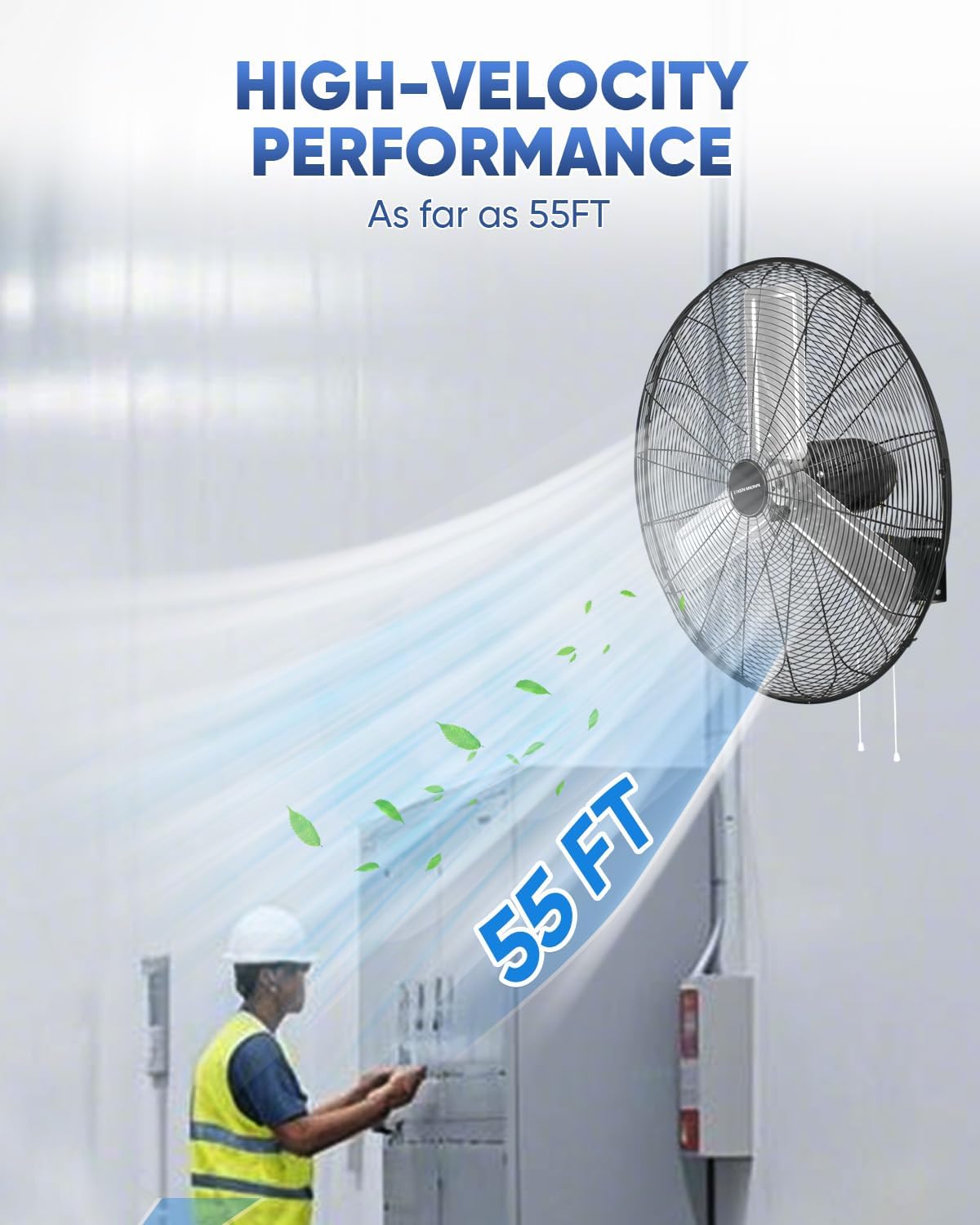 KEN BROWN 30 Inch Industrial Oscillating Wall Mount Fan - 7497 CFM High Velocity, Heavy Duty Metal Construction, 2 Speed Settings, Black