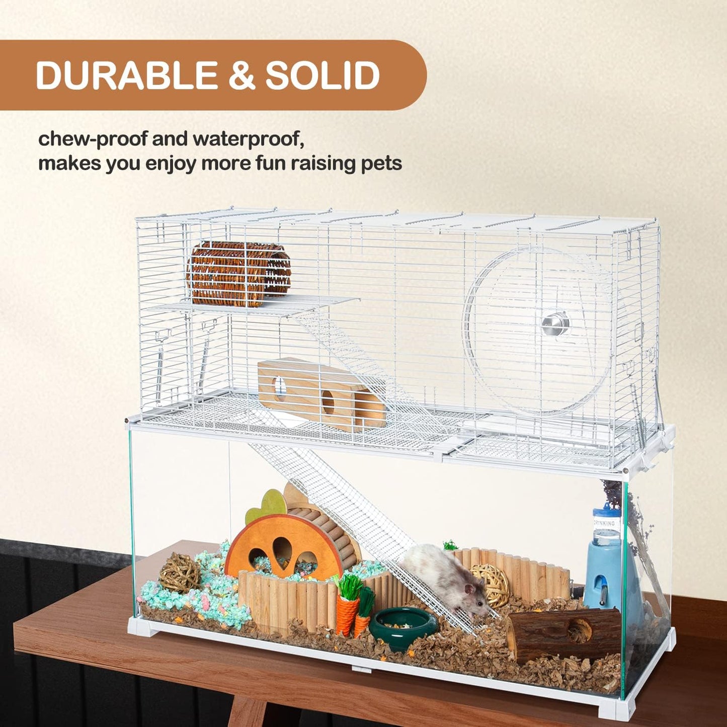 OIIBO 3 Tiers Large Hamster Cages, Glass Hamster Cage Habitat with Openable Wire Topper, Gerbil Cage with Two Ladders Ramps and Removeable Waterproof PVC Tray, Easy to Clean