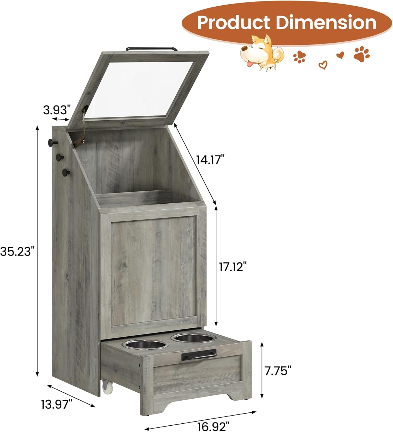 Dog Feeding Station with Storage - Large Capacity Dog Food Storage Cabinet with 2 Removable Stainless Steel Bowls, Flip Top Pet Food Container Toy Storage Organizer - Grey