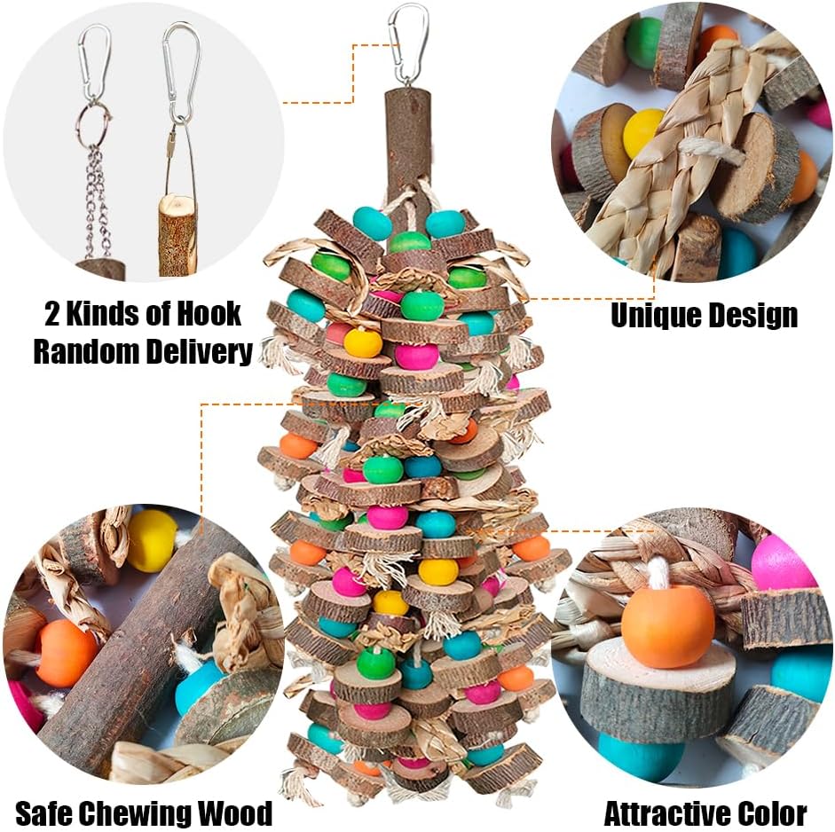 Large Bird Toys for Macaws, Multicolored Wooden Blocks Bird Chewing Toy Parrot Cage Bite Toy for Macaws Cokatoos African Grey and Large Medium Parrot Birds