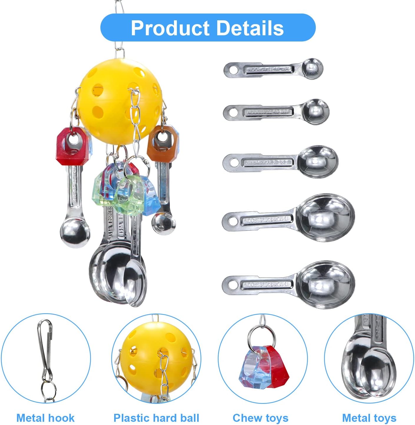 Litewoo Bird Chew Toy with Metal Spoons Ball Chewing Toy Hanging Swing for Parrot Macaw Cage Accessory