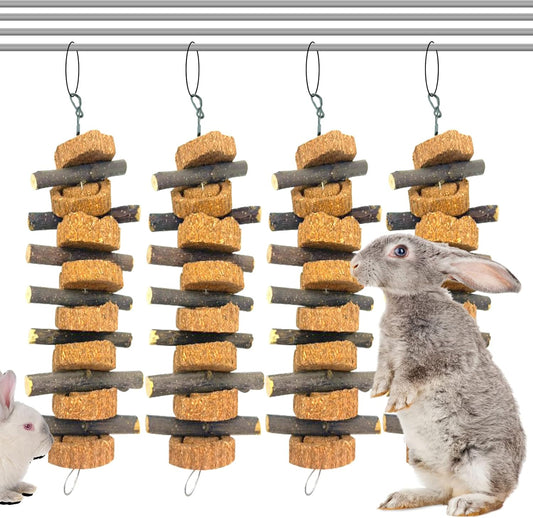 PINVNBY Rabbit Chew Toys for Teeth Hanging,Natural Apple Bunny Chew Sticks Small Animals Molar Wood for Rabbits Chinchillas Guinea Pigs Hamsters Small Pet Chewing Improve Dental Health(4 Pcs)
