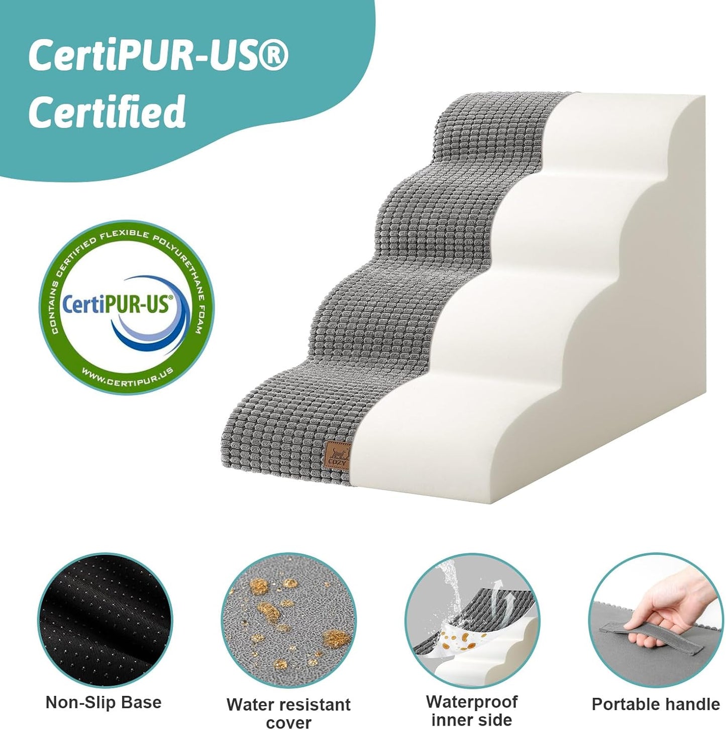 Dog Stairs for Small Dogs 19.7" H, Curved Dog Step for Puppy, Older or Cat, Medium Pet Ramp for Sofa, Couch or Bed, Ladder with High Density Foam, 15.7x28.3x19.7 inch, 4 Step, Light Grey