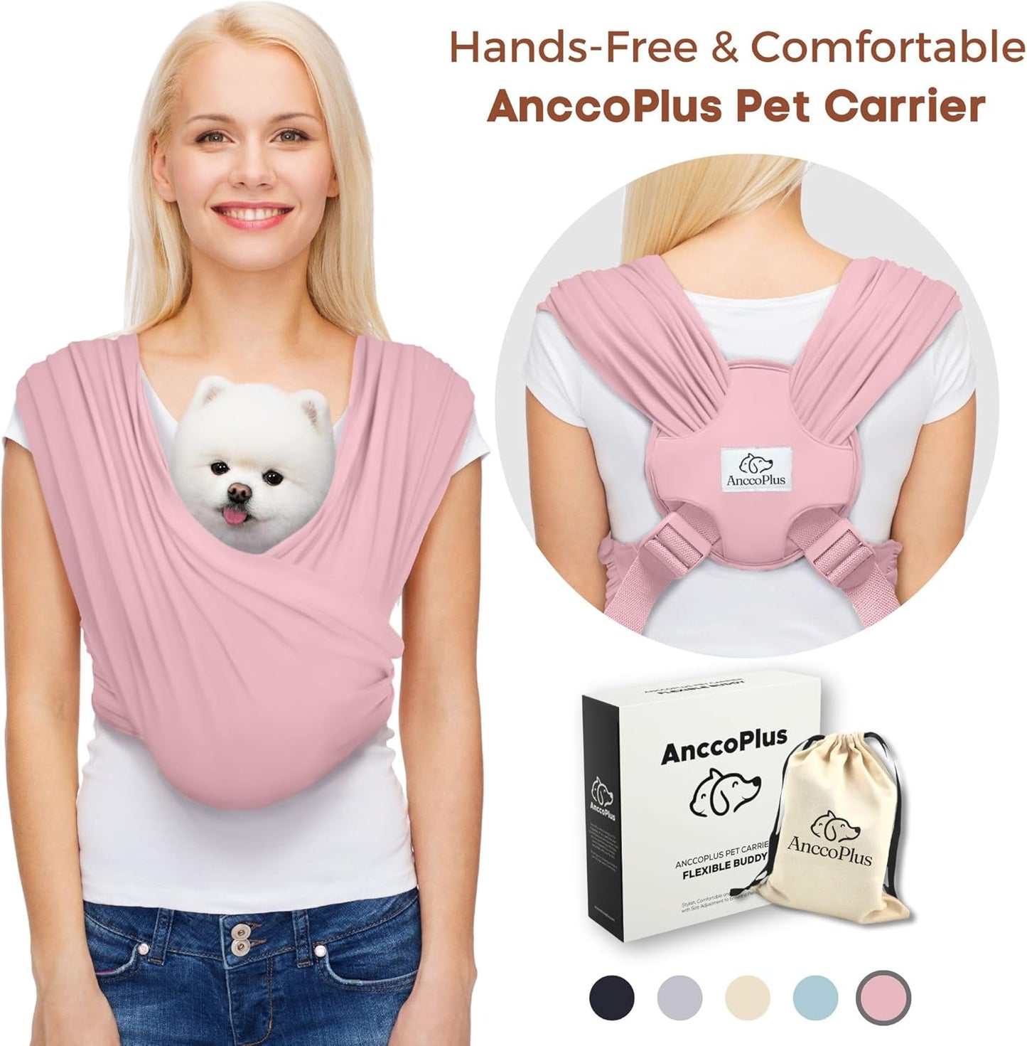 Dog Carriers for Small Dogs, Front Facing Dog Sling Carrier, Hands Free Cat Carrier, Size Adjustable, Reducing Back Pain, Premium Cotton, Safe and Soft Dog Carrier (Plus, Light Pink)