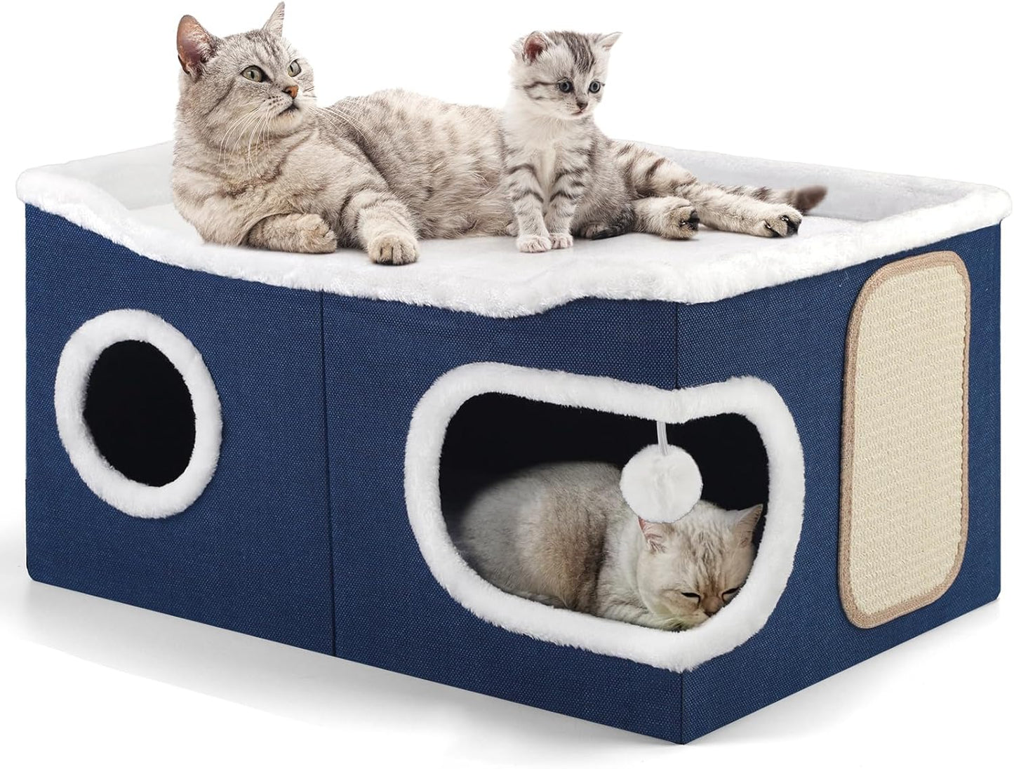 Cat Beds for Indoor Cats, Extra Wide Cat Cube House for Multi Cats, Foldable Cat Cave Hideaway with Arc-Edge Design & Oval Door, Double-Side Soft Cushion for All Seasons, 24"L x 17.7"D x 12.6"H, Blue