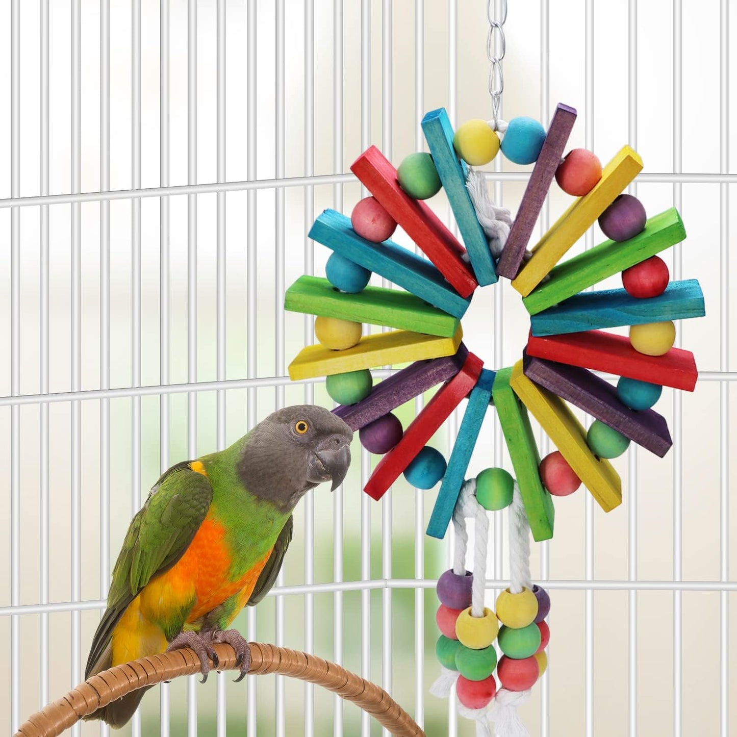 Parrot Hanging Chew Toy Bird Bite Swing with Colorful Wood Beads Bells for Parrot Macaw African Greys Cockatiels Cage Accessories (Colorful Wood Toy)