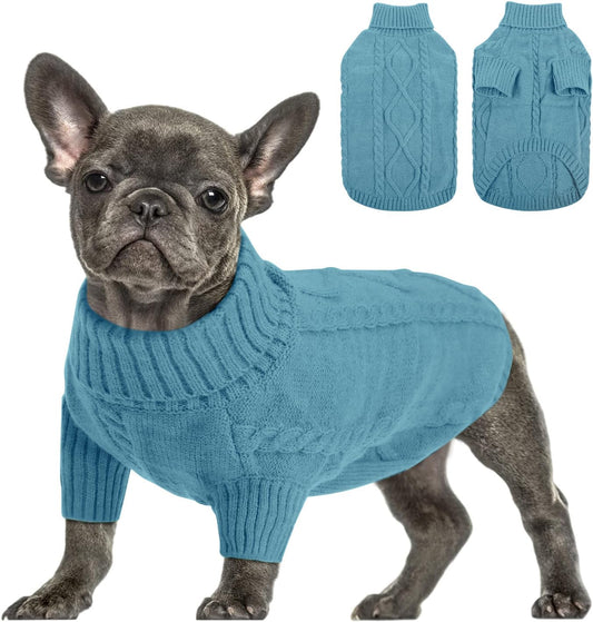 Queenmore Small Dog Pullover Sweater, Cold Weather Cable Knitwear, Classic Turtleneck Thick Warm Clothes for Chihuahua, Bulldog, Dachshund, Pug (Peacock Blue, X-Large)