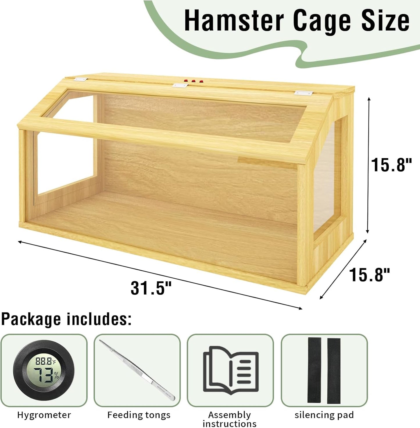 32" Wooden Hamster Cage, Chewproof Gerbil Cages and Habitats, Openable Top Roof Window with Silencing Pad, Guinea Pig Cage for Small Animals, Dwarf and Syrian Hamster, 32 x 16 x 16 Inches