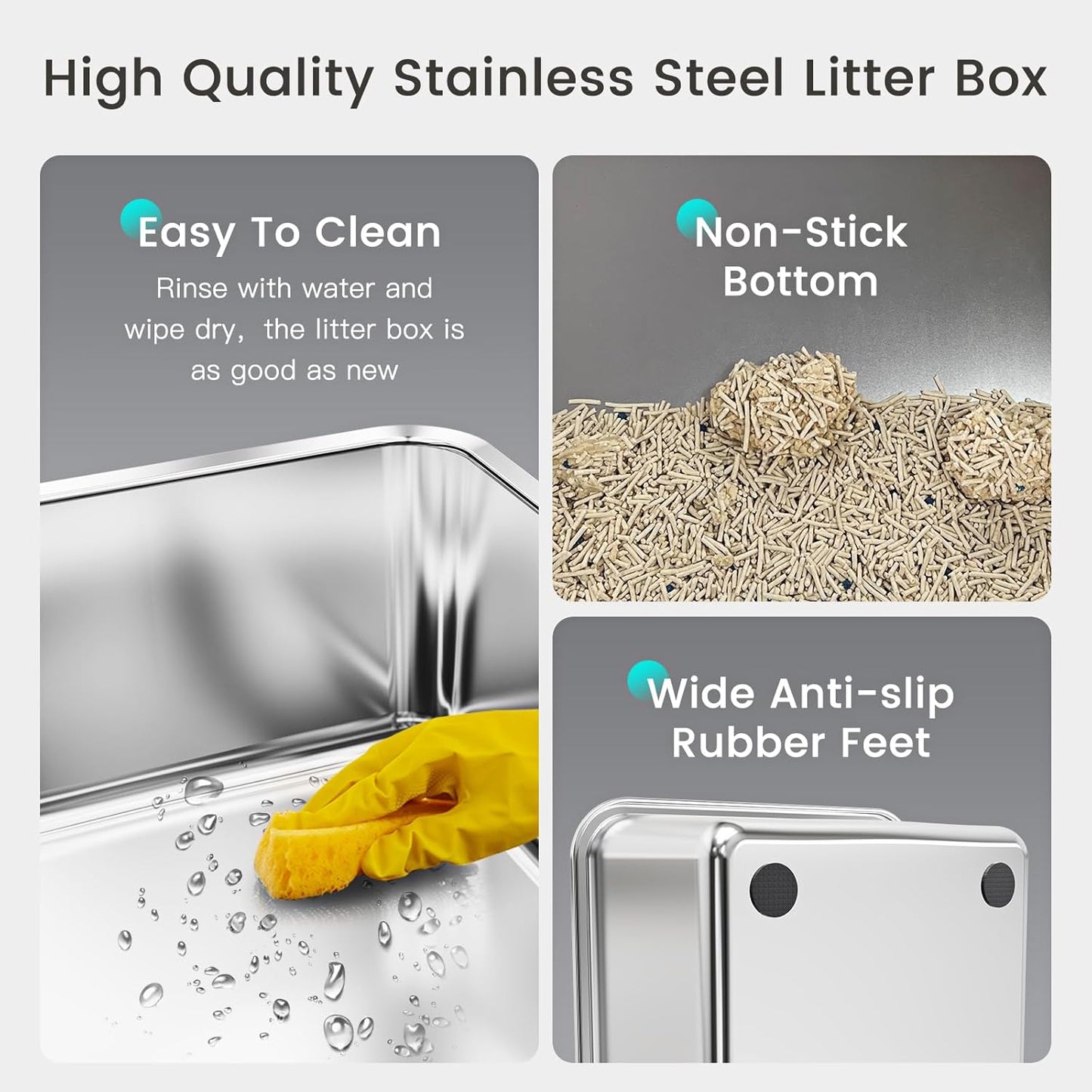 Tripamin 15” XL Stainless Steel Cat Litter Box Enclosure, XXL Stainless Steel High Sides with Lid, Extra Large Metal Cat Litter Box (Translucent Black, XX-Large)