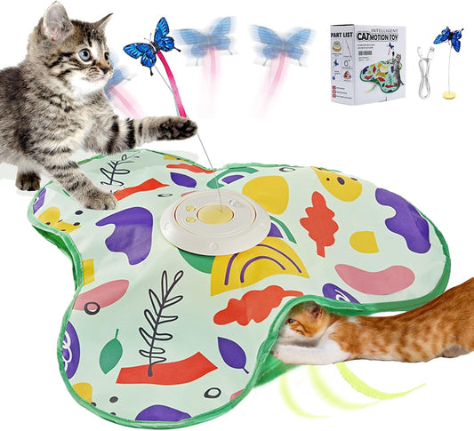 Interactive Cat Toy, Automatic Kitten Toys for Indoor Cats, Hide and Seek Cat Toy Kitten Wand Toy Cat Exercise Toys with Motion Activated, Moving Feather, Chirping