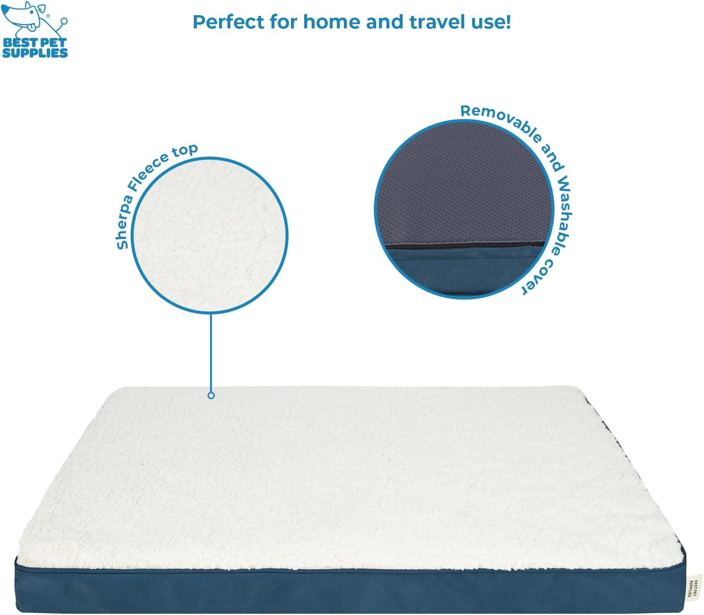 Best Pet Supplies Cute Dog Crate Mat Flat Bed with Waterproof Exterior, Thick Orthopedic Egg Foam Mattress, and Soft Sherpa Fleece Cover for Small, Medium, and Large Breeds - Blue, 24X16X3