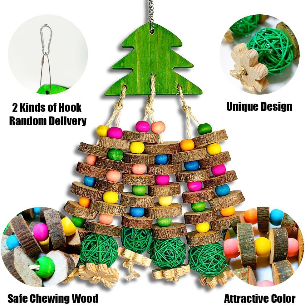 Parrot Toys, Large Bird Parrot Chewing Toys for Medium-Sized Macaws, Natural Wooden Blocks Christmas Tree Shape, African Grey Parrots, Amazon Parrots, Medium-Sized Bird cage Toys