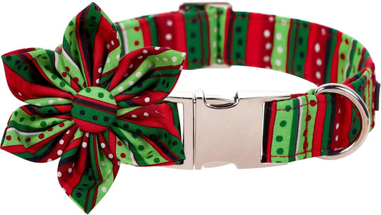 Lionet Paws Christmas Dog Collar with Flower, Dog Flower Collar with Metal Buckle for Dogs, Adjustable Comfortable Dog Collar Girl Gift, M, Neck 13.5-22 in