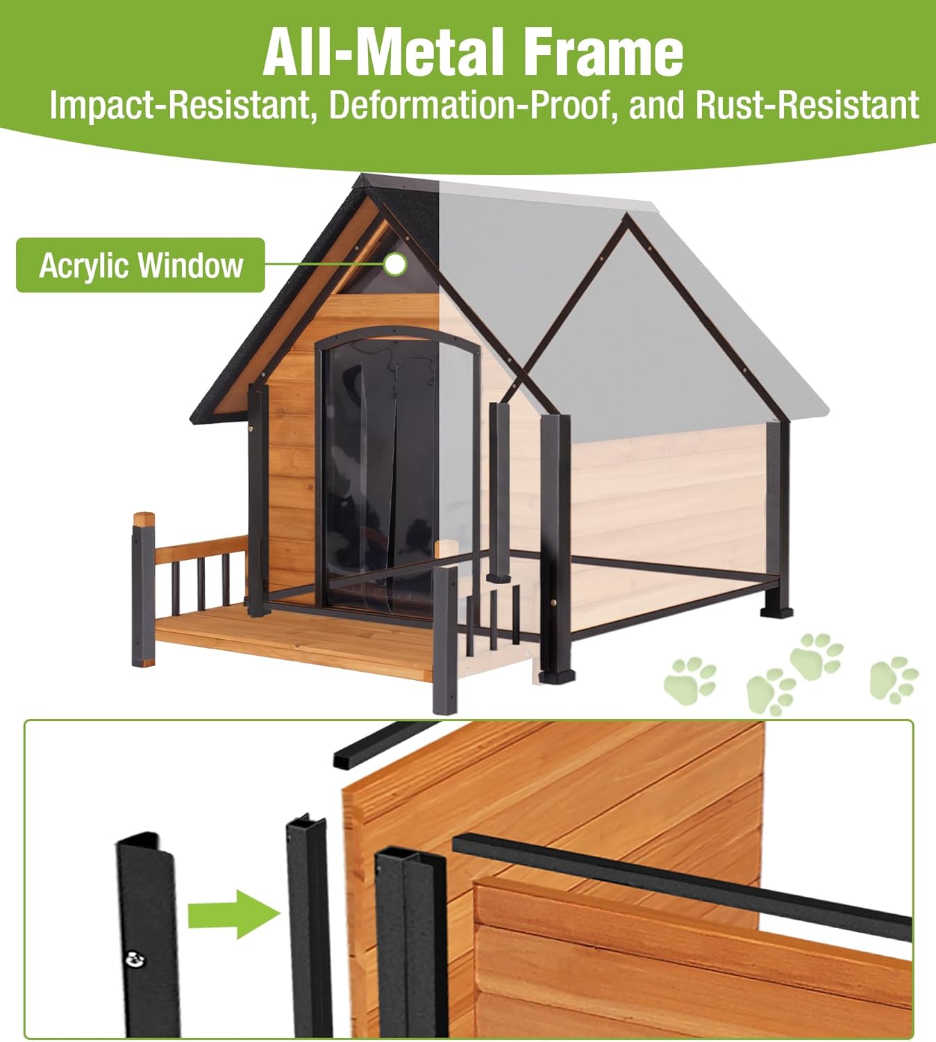 Large Outdoor Heated Dog House with Porch, All-Around Insulated Liner, Weatherproof Outside Dog House with Anti-Bite Metal Frame, Dog Kennel for Small Medium Large Dogs