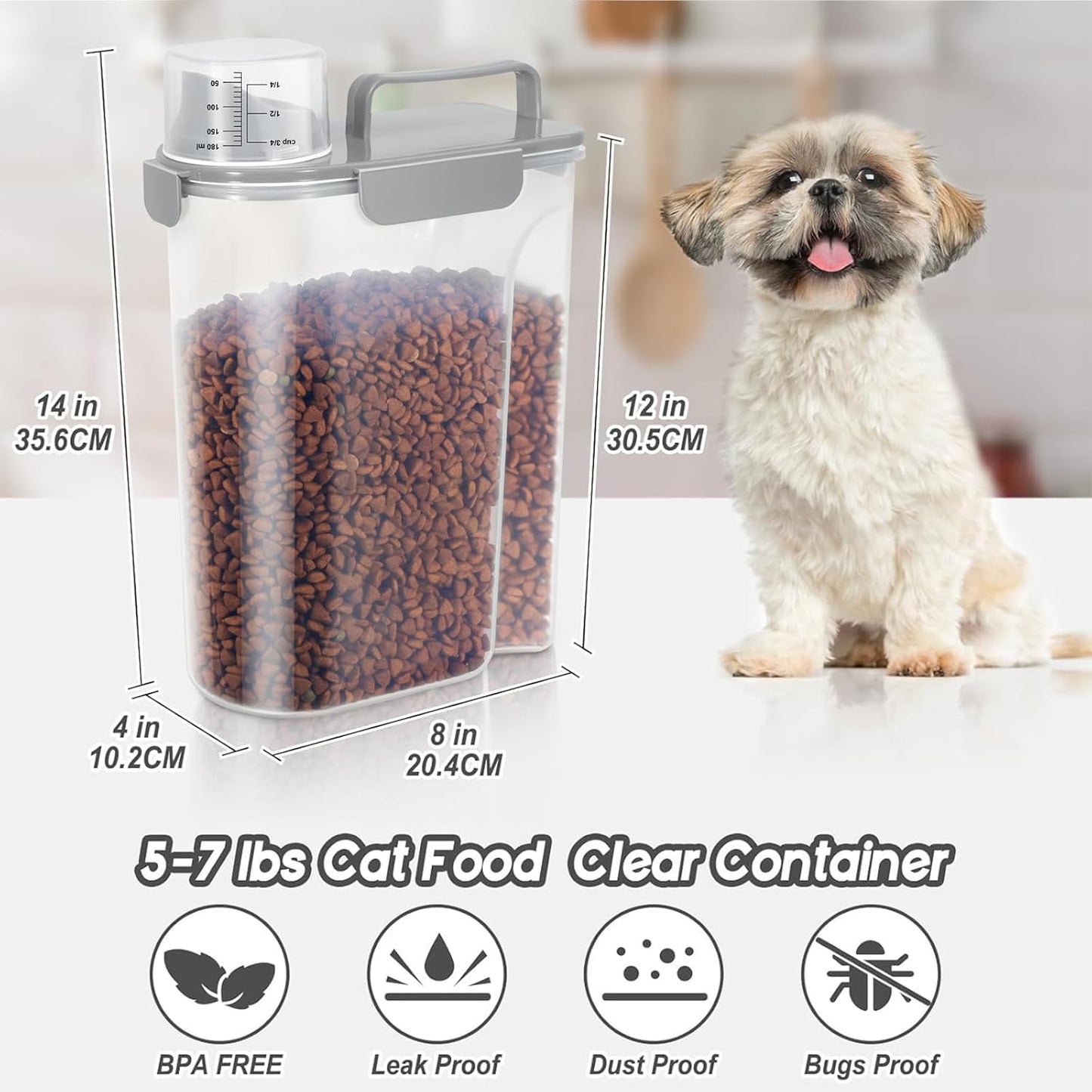 5-7Lbs Dog Cat Food Storage Container with Upgraded Large Nozzle BPA-free, 4 Snap Seals Plastic Pet Food Storage Containers with Handles (1, Light Gray, 5L)