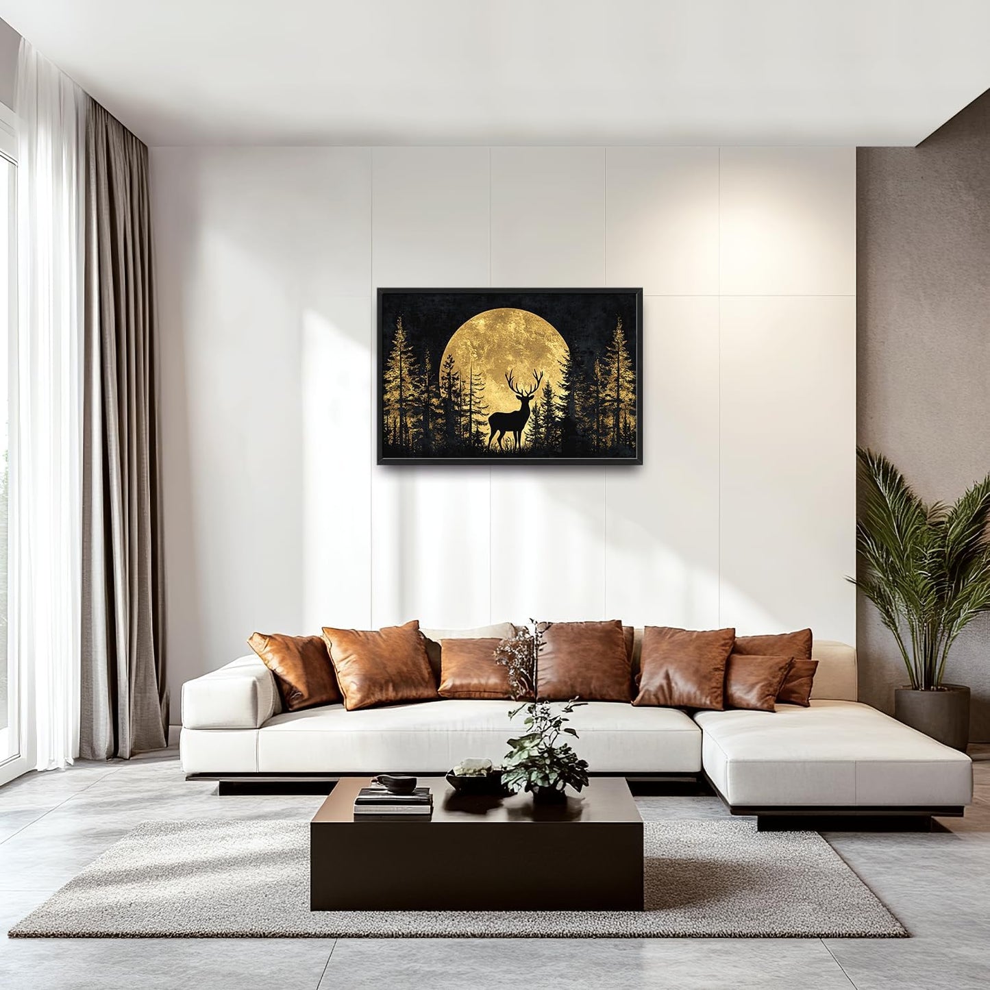 Large Moon Forest Deer Wall Art for Living Room, Black Deer Canvas Oversized Wall Decor, Elk Animal Aesthetics Framed Pictures Painting Print Artwork for Bedroom Office 36L" x 24W"