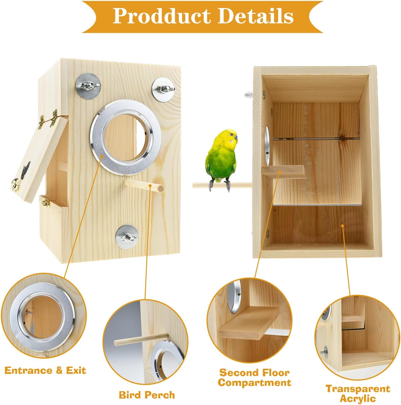 Bird Nest Box Parakeet Breeding Nest Box Bird Nest House Wooden Acrylic Transparent Breeding Box for Finch Lovebirds Cockatiel Budgie Conure Parrot