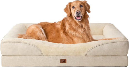 EHEYCIGA Memory Foam XL Dog Bed for XLarge Sized, Extra Large Orthopedic Dog Sofa with Sides and Waterproof Liner, Washable Bolster Pet Bed Couch with Removable Cover, 42x30x7.5 Inch, Beige