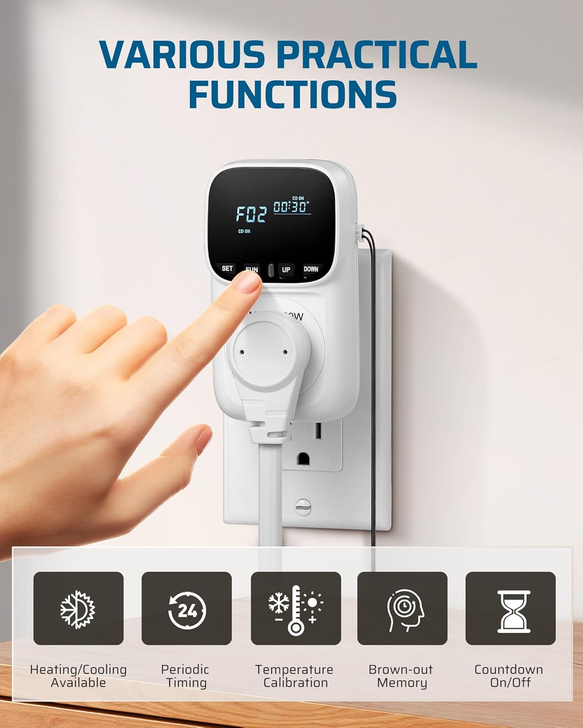 DEWENWILS Digital Temperature Controller, Heavy Duty 15A/1800W Thermostat Outlet Plug, VA Display Heating Cooling Control Timer, -40℉~210℉, Cyclic Timing/Countdown, for Greenhouse Incubator Homebrew