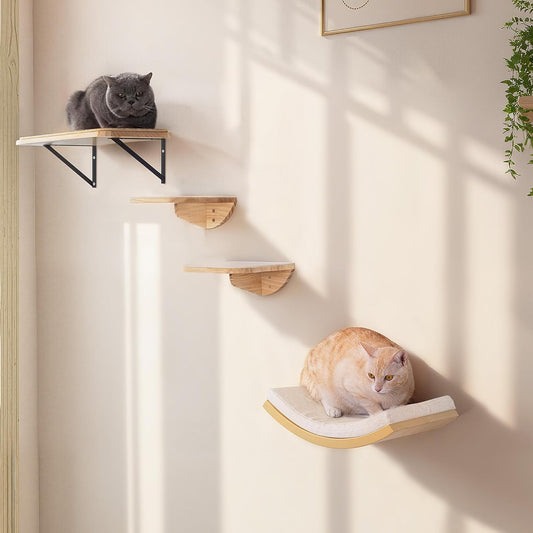 Cat Wall Shelf & Window Perch Combo, Wood Cats Wall Furniture with Soft Foam Curved Bed and Felt-Padded Steps, 4-Piece Floating Cat Climbing System
