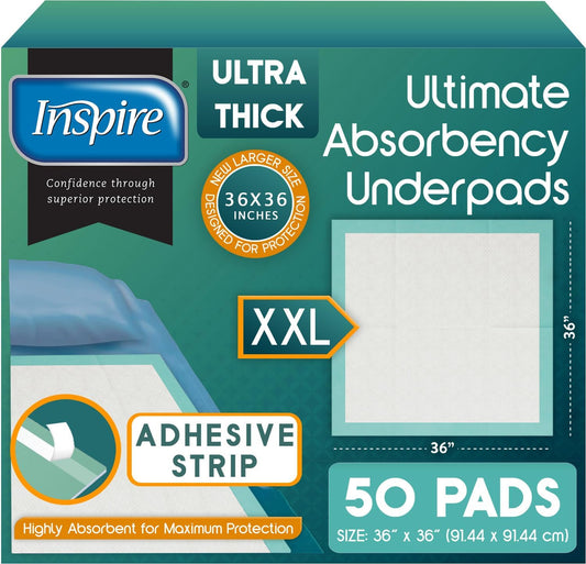 Inspire Extra Large Super Absorbent Disposable Bed Pads for Incontinence Ultra Thick and Absorbent Bed Pads Disposable Adult | Puppy Pads | Pee Pads for Adults (36" X 36" Pack of 50 W/ Adhesive)