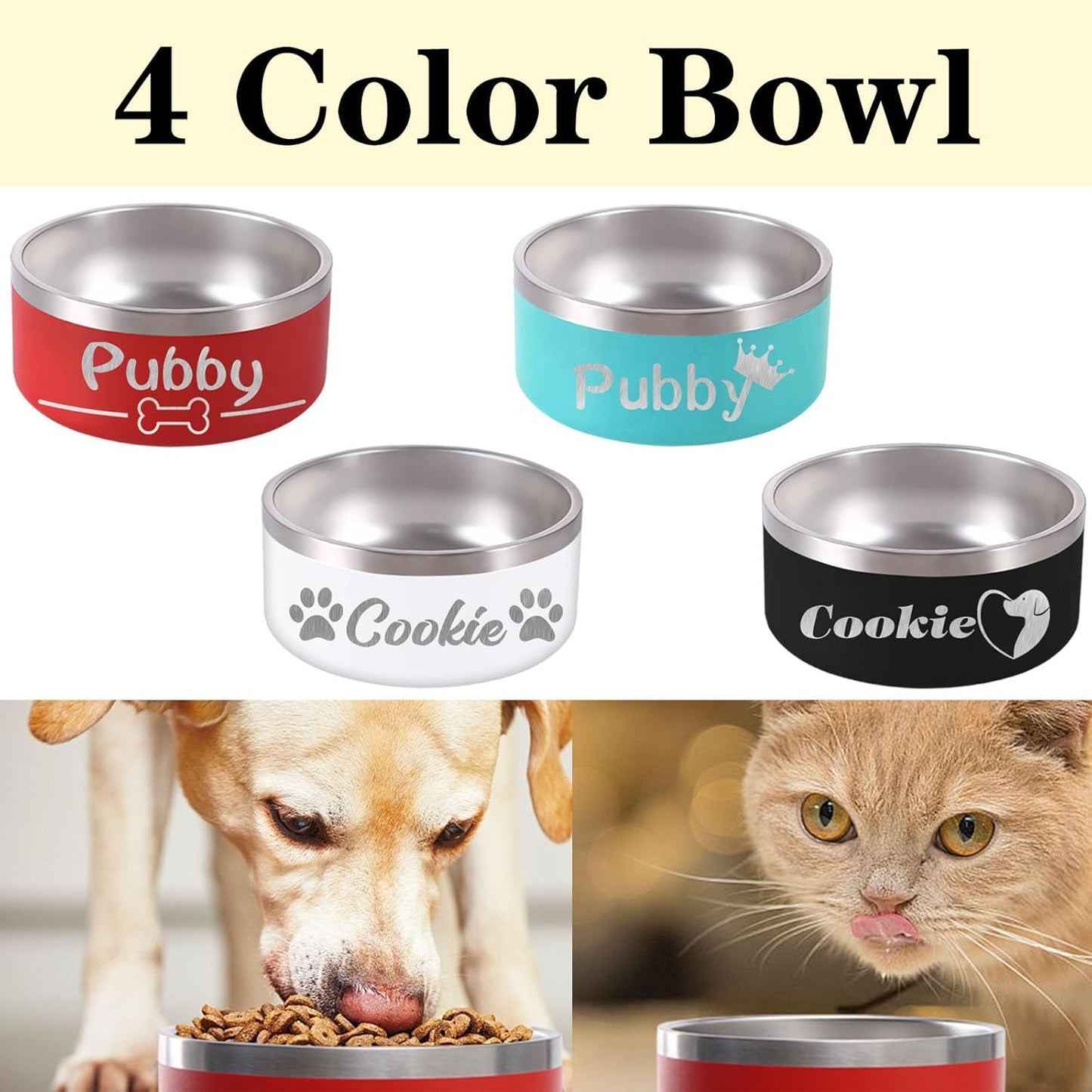 18OZ Personalized Dog Bowl Laser Engraved Custom Pet Name 18/32/42/64 oz No Slip Stainless Steel Insulated Bite-resistant Food Water Dishes-White