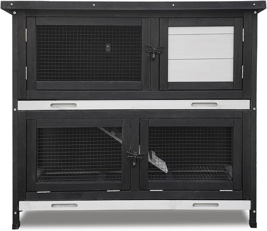 Double Level Solid Wood Rabbit Hutch Small Animal Cage for Rabbits, Guinea Pigs, Hedgehogs & Lizards Indoor/Outdoor– 2-Tier Eco-Friendly Habitat with Bedding Area, Durable & Easy to Clean