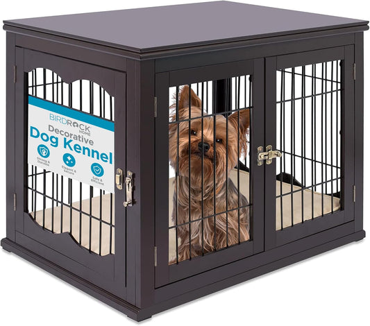 INTERNET'S BEST Decorative Dog Kennel with Pet Bed, Small Pet House, Double Door Indoor Crate, Engineered Wood & Wire Furniture, Side Table & Nightstand, Fits Small Dogs - Espresso