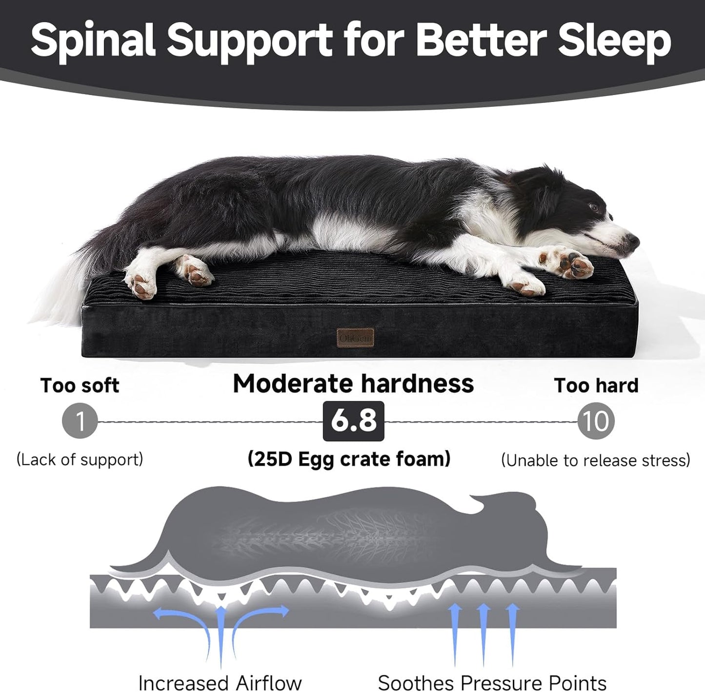 OhGeni Orthopedic Waterproof & Machine Washable Dog Bed for Medium Large Pets, Suitable for Crates, 25D Egg Crate Foam, Non-Slip Bottom & Removable Cover, Invisible Zipper, 35 Inches(Black)