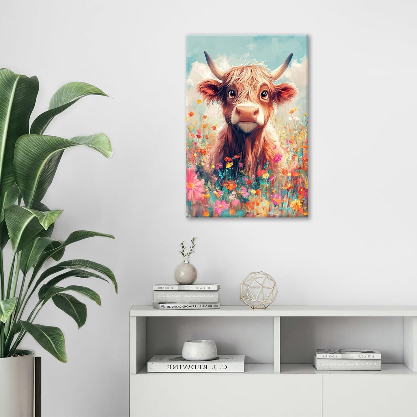 Highland Cow Wall Art Canvas Flower Cattle Wall Decor Prints Framed Painting Animal Pictures Gifts Artwork for Bathroom Living Dining Kitchen 16"x24"
